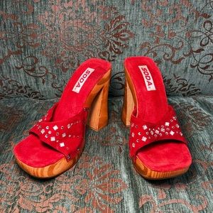 SODA Red Rhinestone Wooden Platform Heels. Size 7 ½